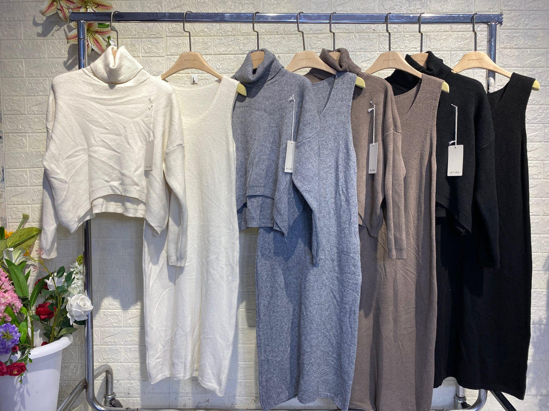 Matching women's dress and elegant sweater set, a comfortable and stylish two-piece ensemble for any season.
