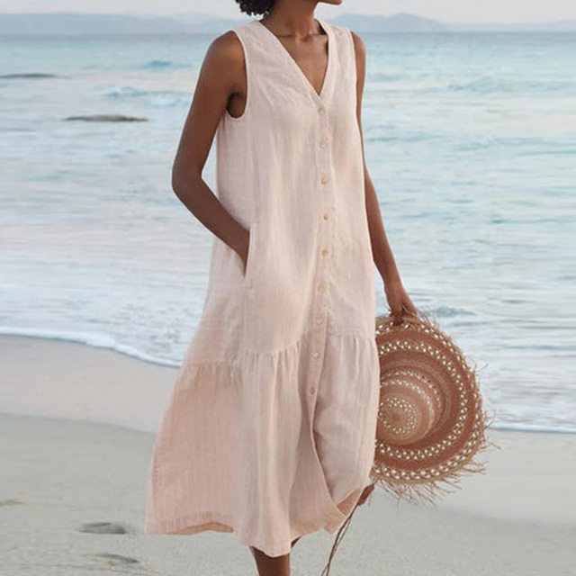 Women's effortless flowing summer midi dress, perfect for casual comfort & style.
