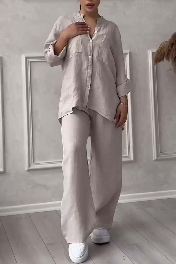 Stylish women's linen two-piece outfit, great for summer vacations or casual everyday wear.