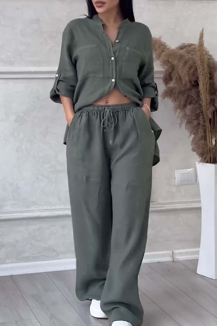 Comfortable women's linen top and pant set, a breathable choice for warm summer days.