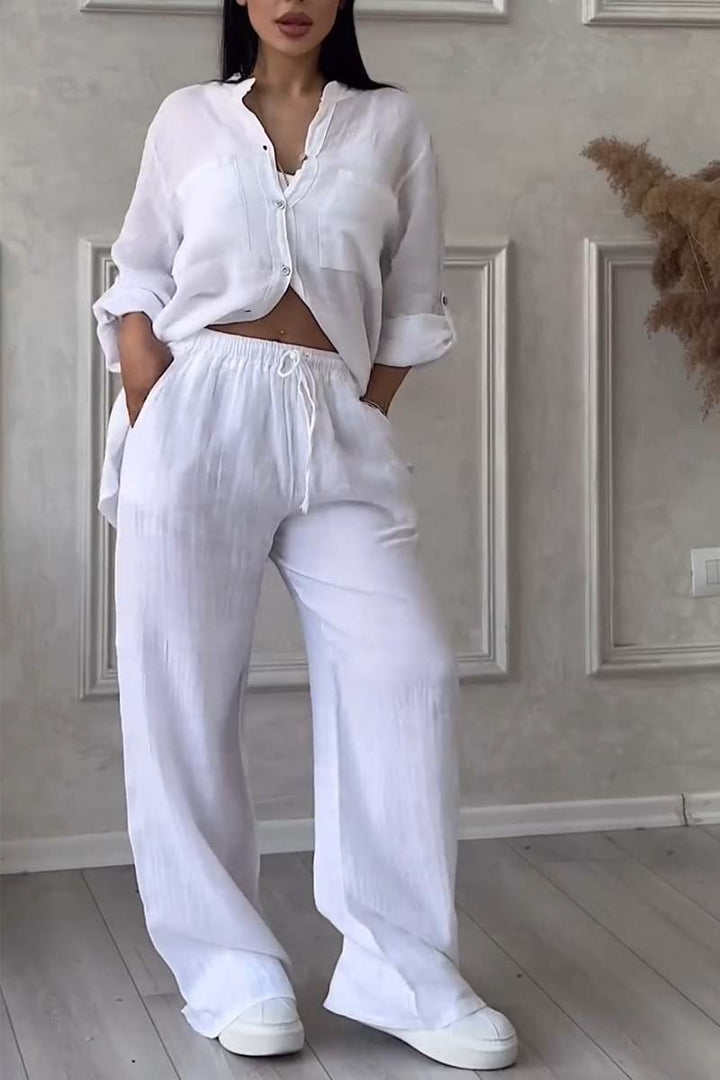 Relaxed fit women's linen two-piece set, providing breathable comfort and effortless summer style.