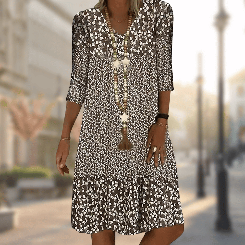 Versatile women's Soleil summer dress, elegant for daytime casual or evening events. Flattering knee-length design.