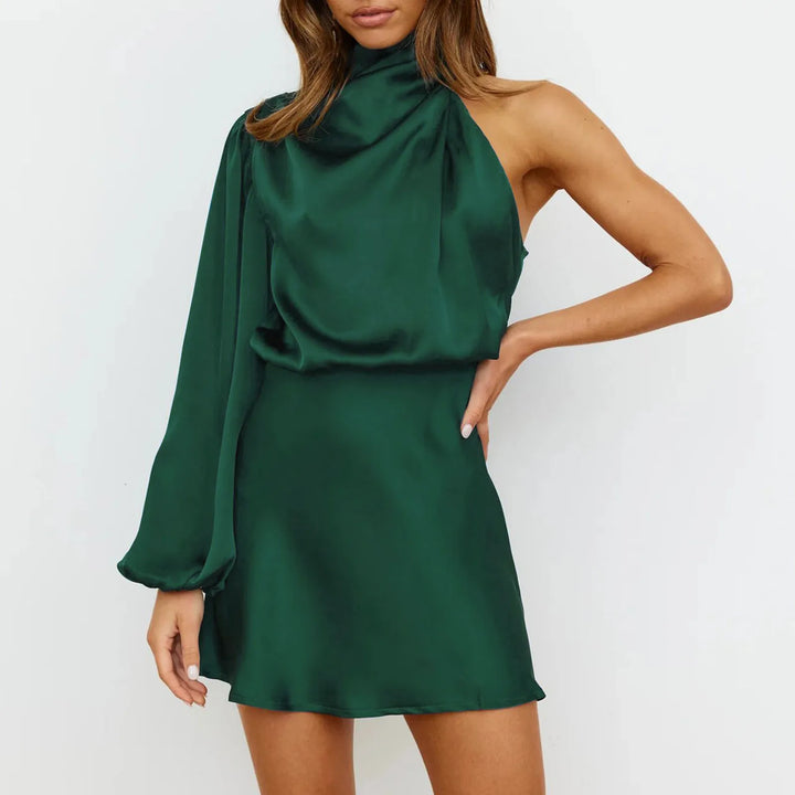 Sophisticated women's asymmetrical one-shoulder dress, a satin mini perfect for special occasions.