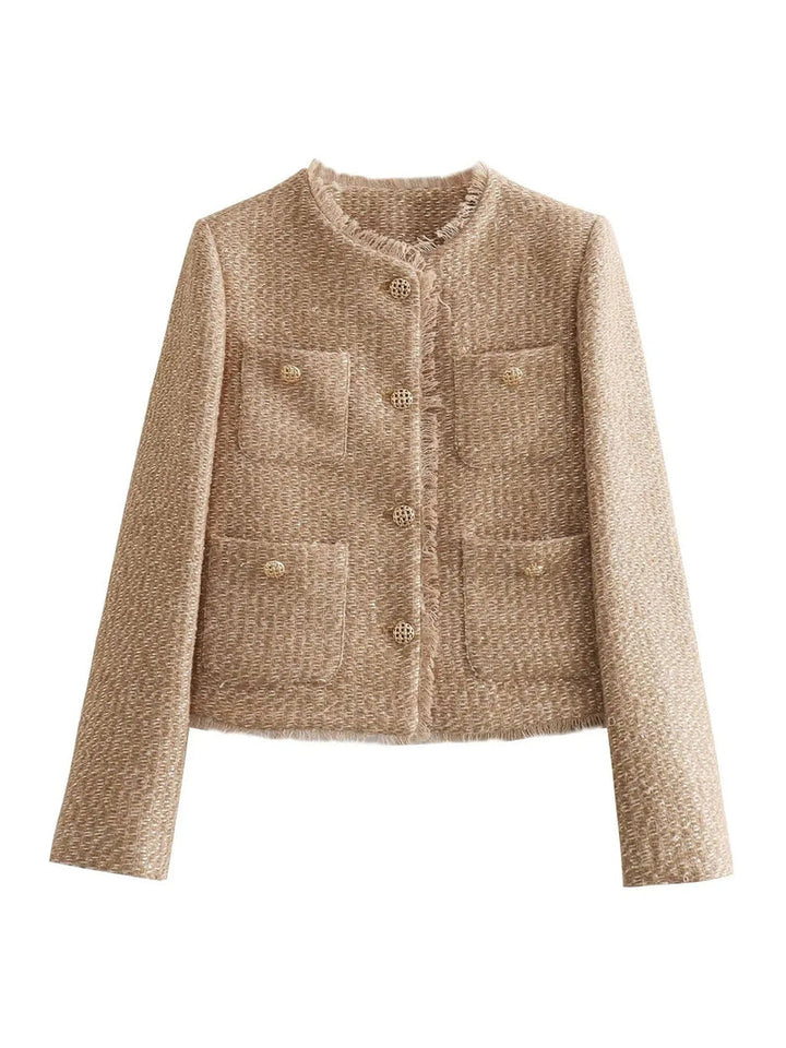 Chic women's tweed jacket with prominent gold buttons, a versatile and elegant addition to any classic wardrobe.