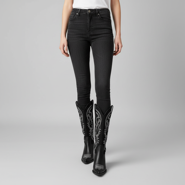 Stylish women's rich brown leather cowboy boots, Emma, offering comfort and high fashion for winter.