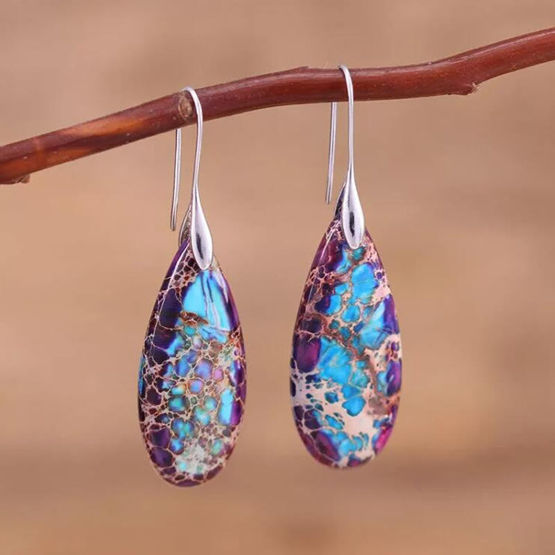 Women's elegant drop emperor stone earrings; silver plated natural gemstone jewelry.