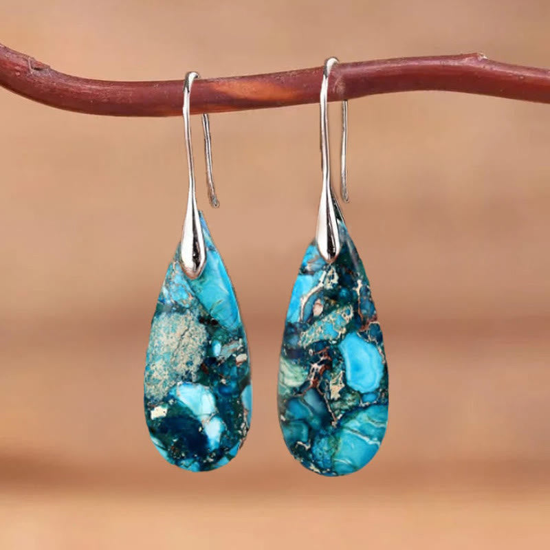 Beautiful women's emperor stone drop earrings; natural gemstone and silver plated design.