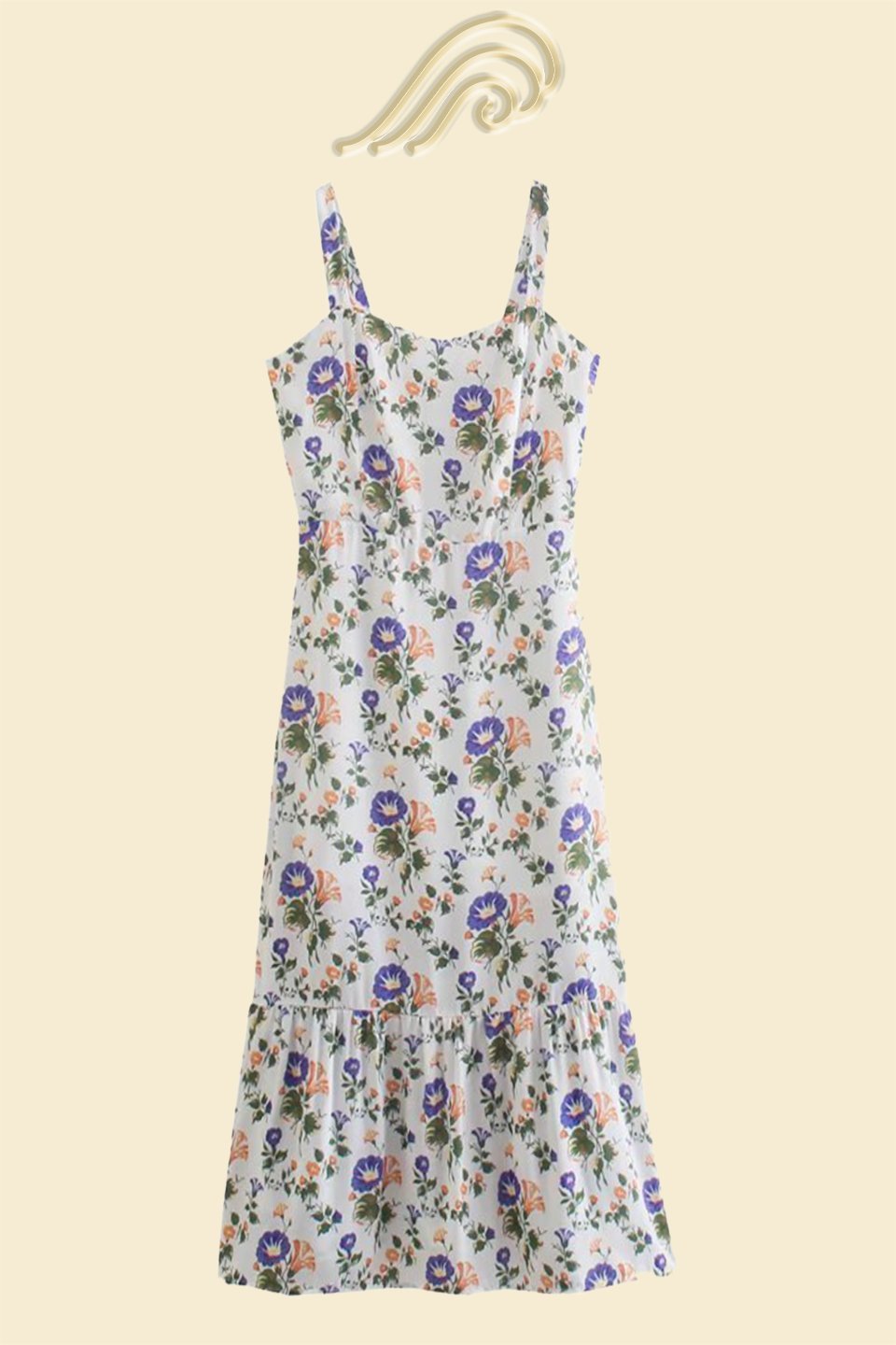 Floral flared midi vacation dress for women, with comfortable straps, perfect for sunny days.