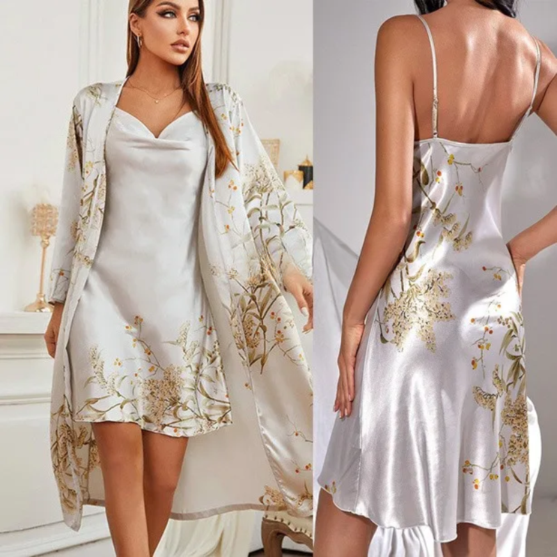Chic women's floral satin loungewear set, combining a beautiful nightdress and coordinating kimono.