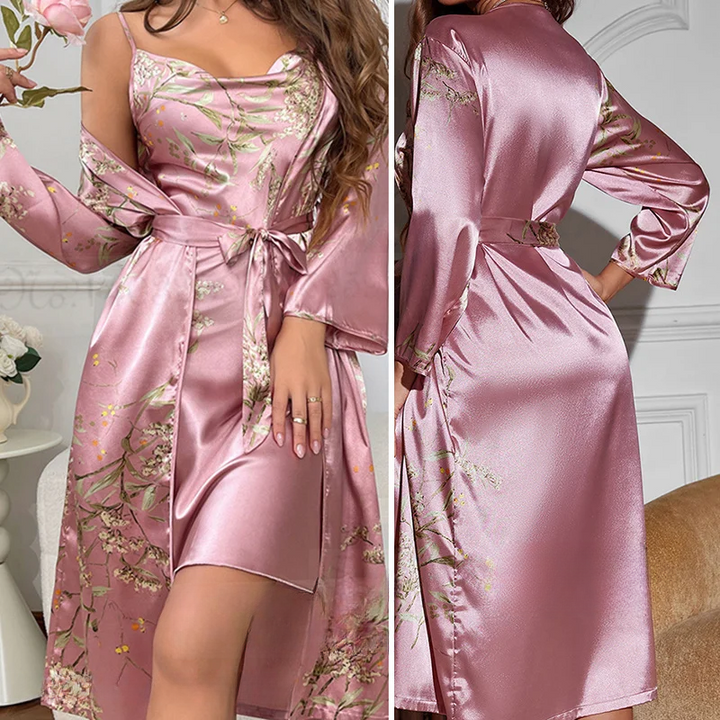 Elegant women's floral satin kimono set, perfect for stylish home wear & comfortable sleepwear.