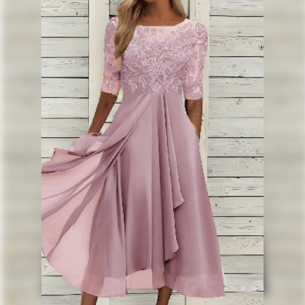 Model wearing a stylish lilac flowing dress, demonstrating its elegant comfort & chic style.