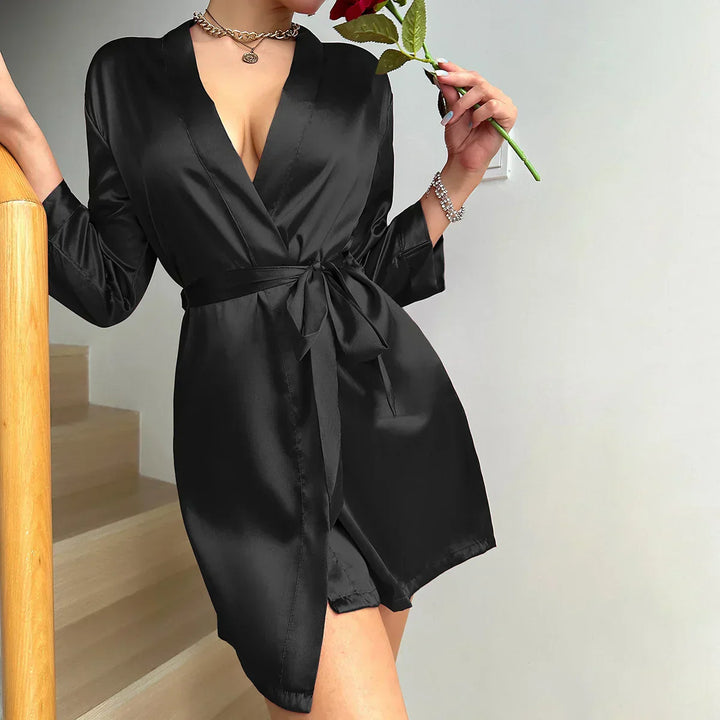 Women's elegant Glacé Silk morning dress with lace-up detail, perfect for relaxed home wear & comfortable loungewear.