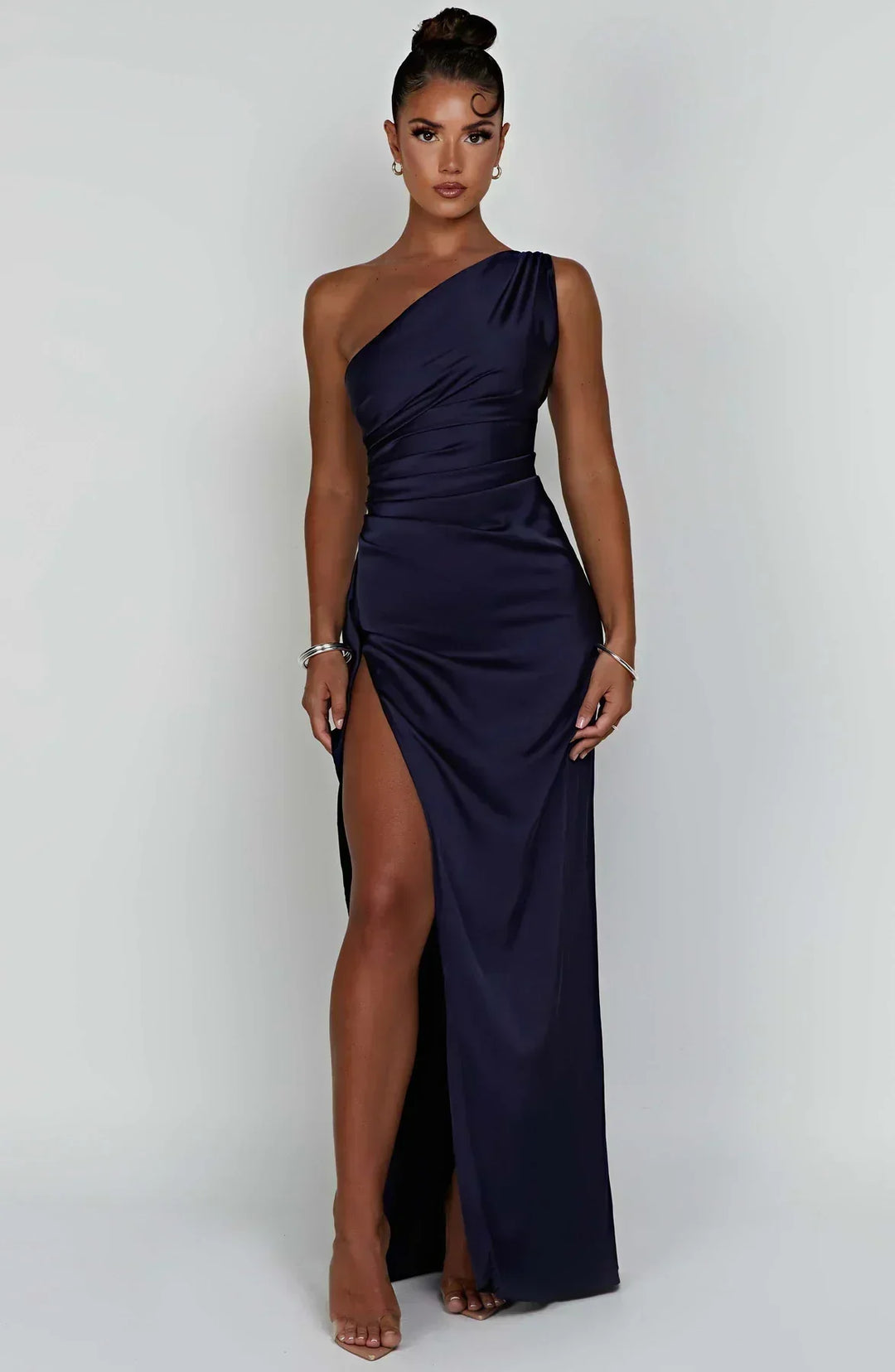 Marine blue party dress, stylish pleated satin, with a captivating unique shoulder design.