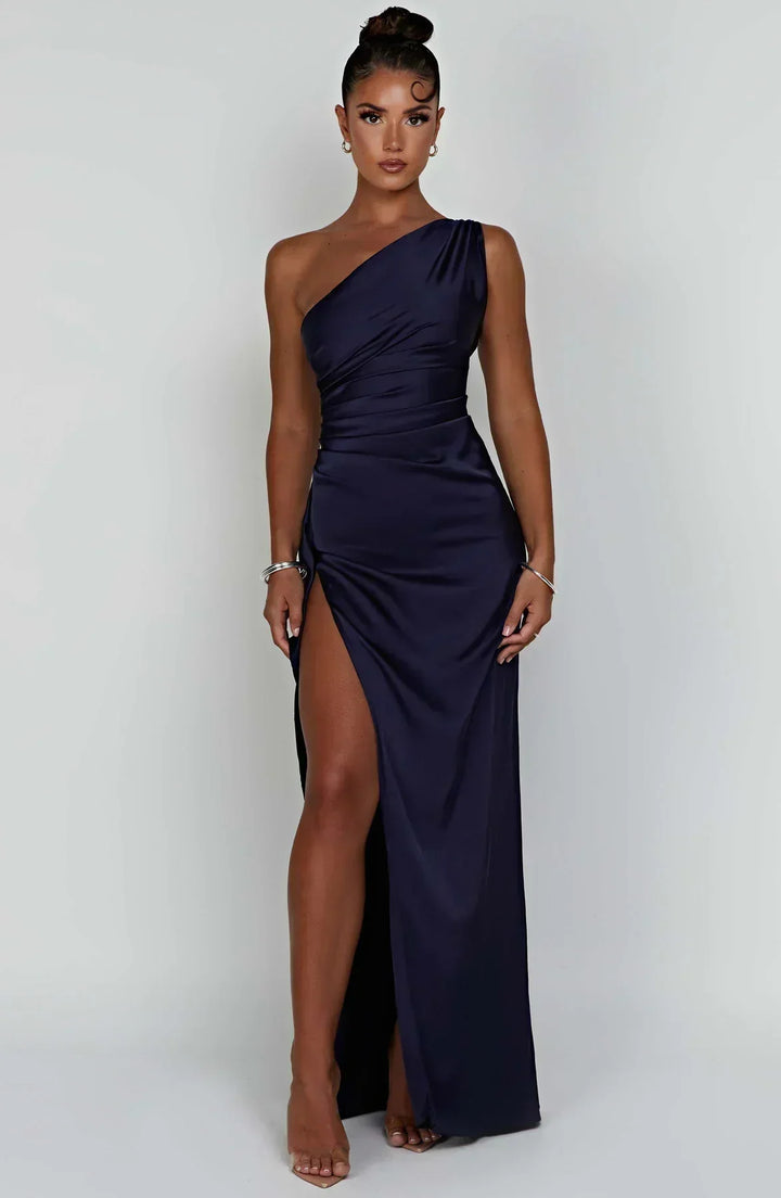 Marine blue party dress, stylish pleated satin, with a captivating unique shoulder design.