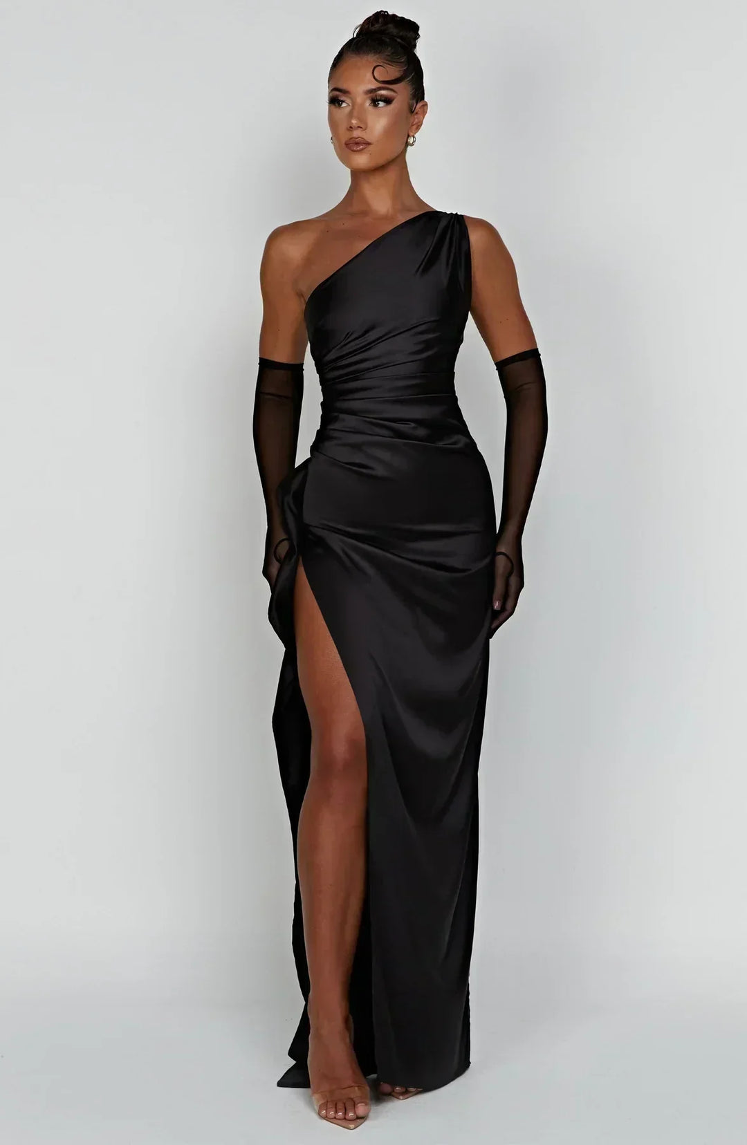 Women's red formal pleated satin dress, unique shoulder, for a sophisticated event.