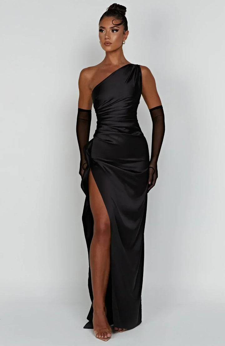 Women's red formal pleated satin dress, unique shoulder, for a sophisticated event.