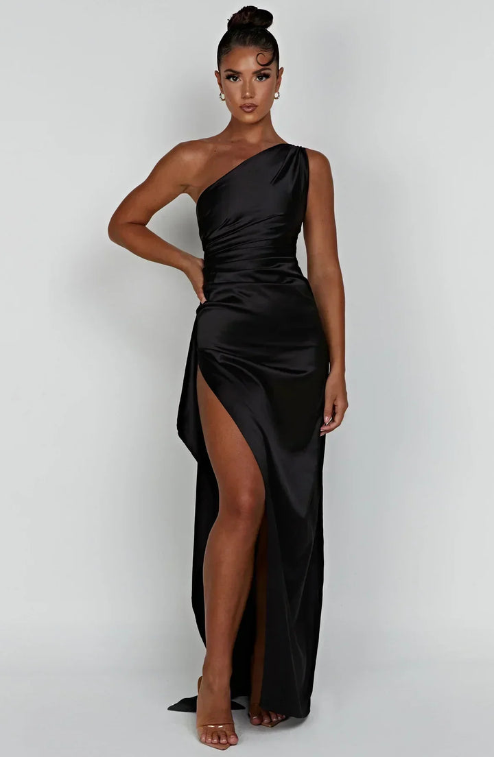 Marine blue pleated evening dress, stylish satin, with a distinctive unique shoulder.