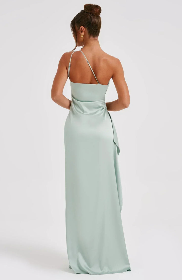 Elegant marine blue party dress, unique shoulder, and beautiful flowing pleats.