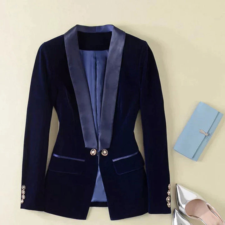 Women's elegant satin lapel tuxedo blazer. A sophisticated formal jacket for professional or evening wear.