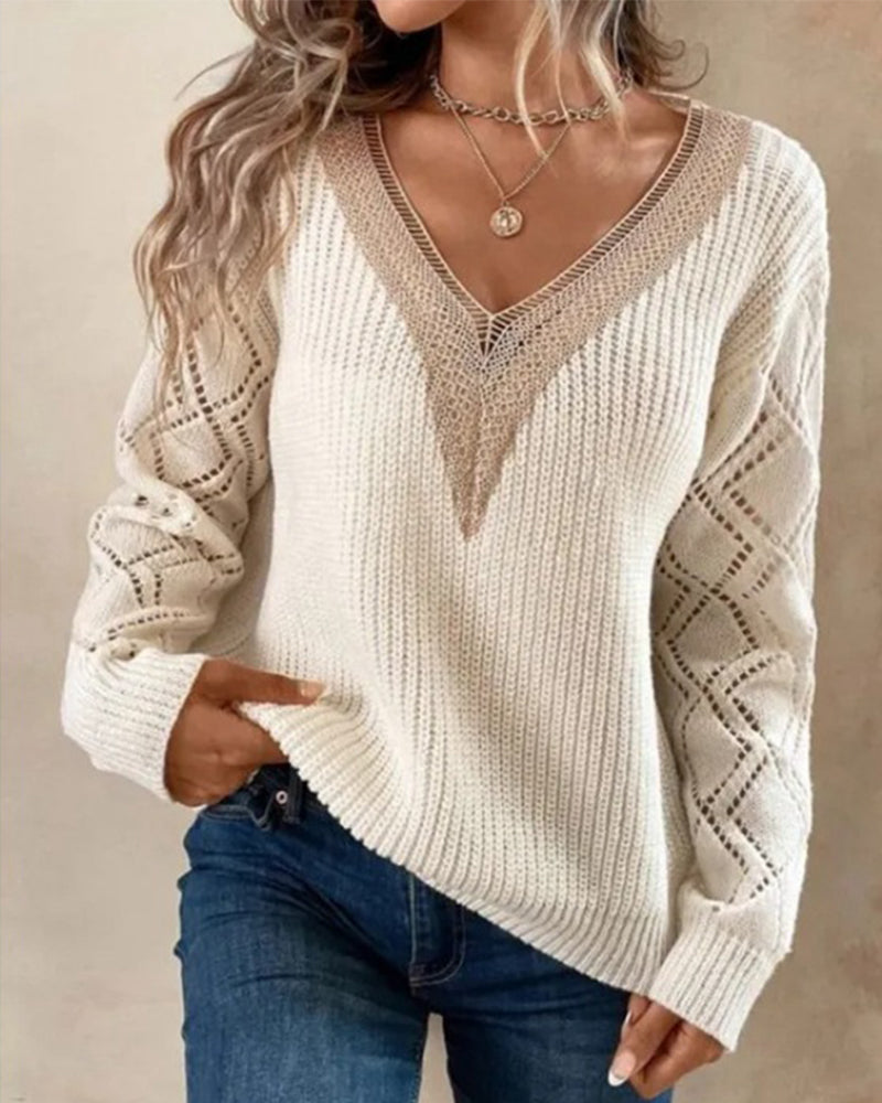 Women's elegant V-neck color block sweater, perfect for stylish fall & winter outfits.