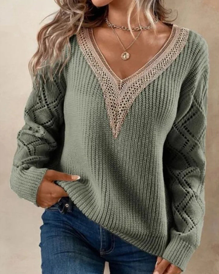 Women's stylish patchwork V-neck sweater, a fashion-forward color block top for elegant looks.