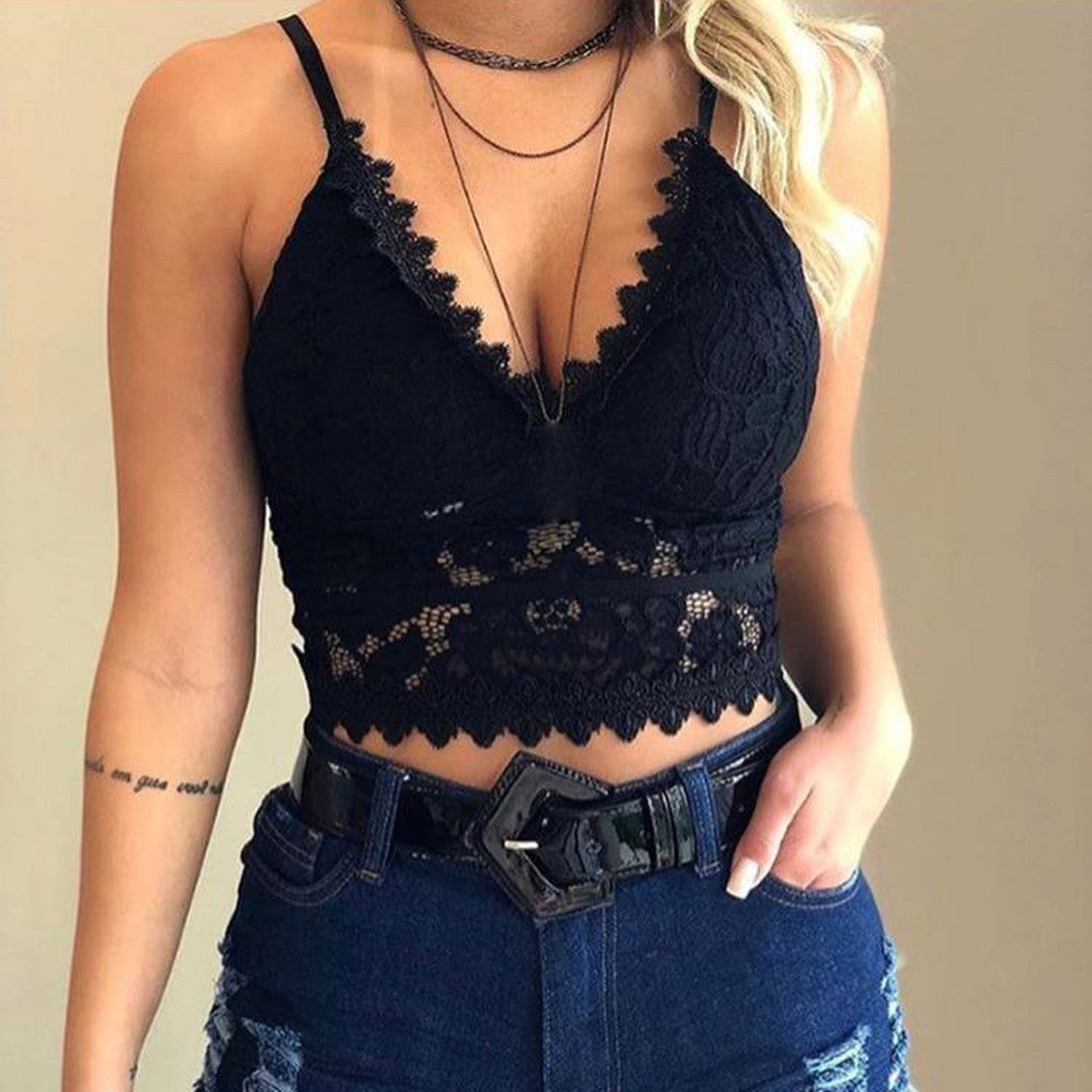 Flowy sleeveless women's summer top featuring a V-neckline and intricate floral lace detailing.