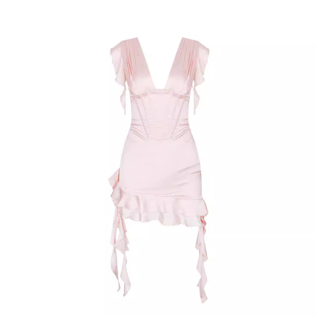 Feminine asymmetrical V-neck ruffled dress. Flattering women's cocktail or evening dress for special events.