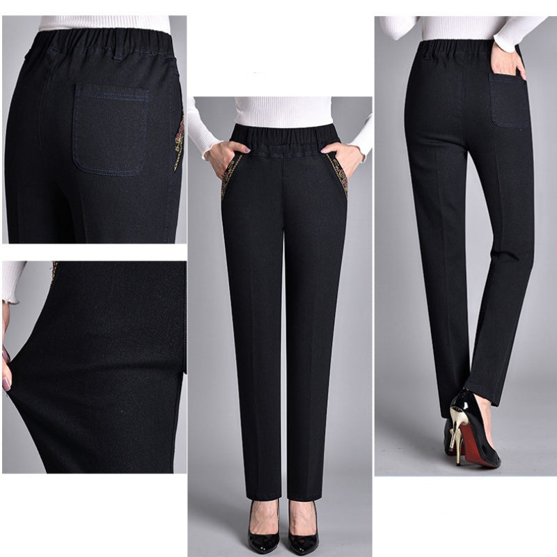 Woman in comfortable straight leg push-up jeans, perfect for casual wear, flattering denim fit.
