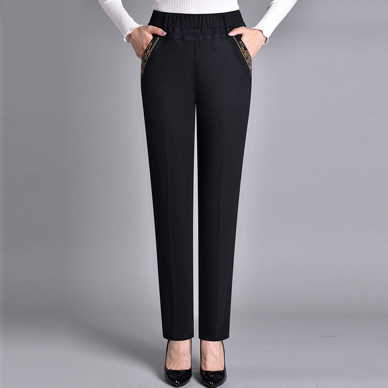 Flattering women's push-up stretch denim jeans, straight leg, comfortable for all-season casual wear.
