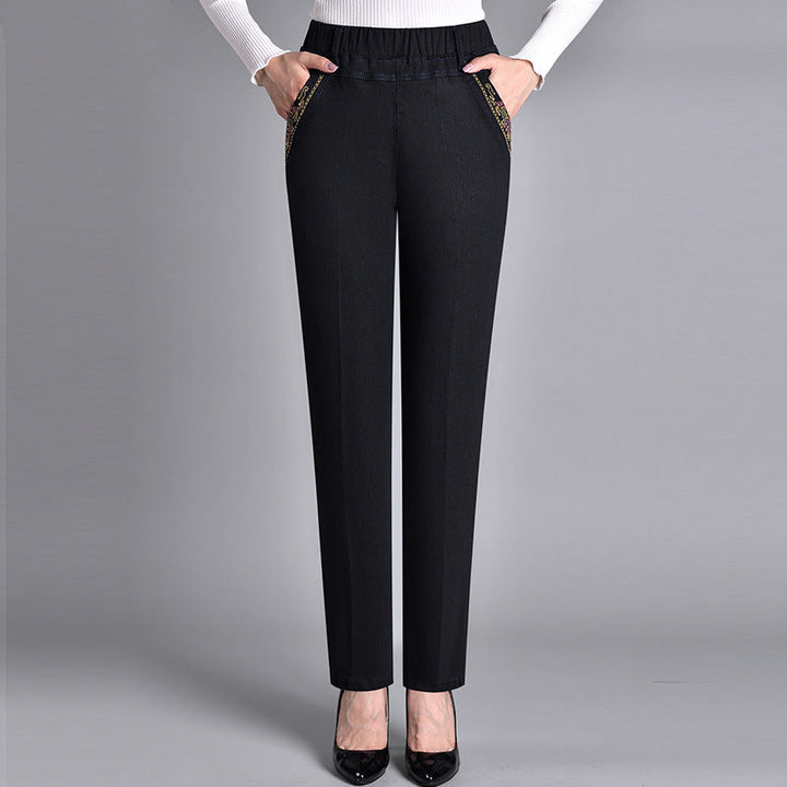 Flattering women's push-up stretch denim jeans, straight leg, comfortable for all-season casual wear.