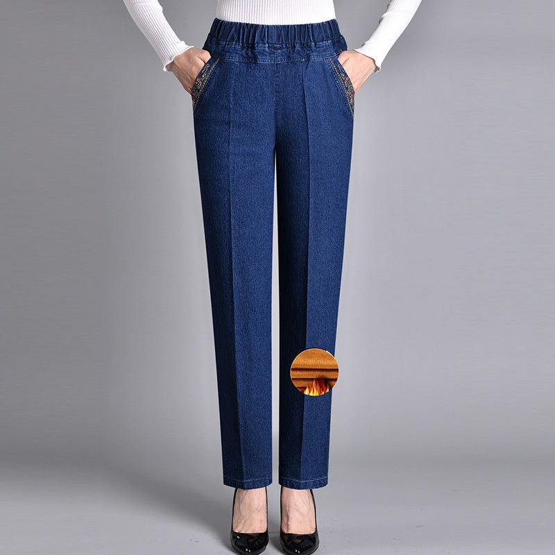 Woman showcasing flattering fit of Ella push-up straight leg jeans, stretch denim, perfect for casual wear.