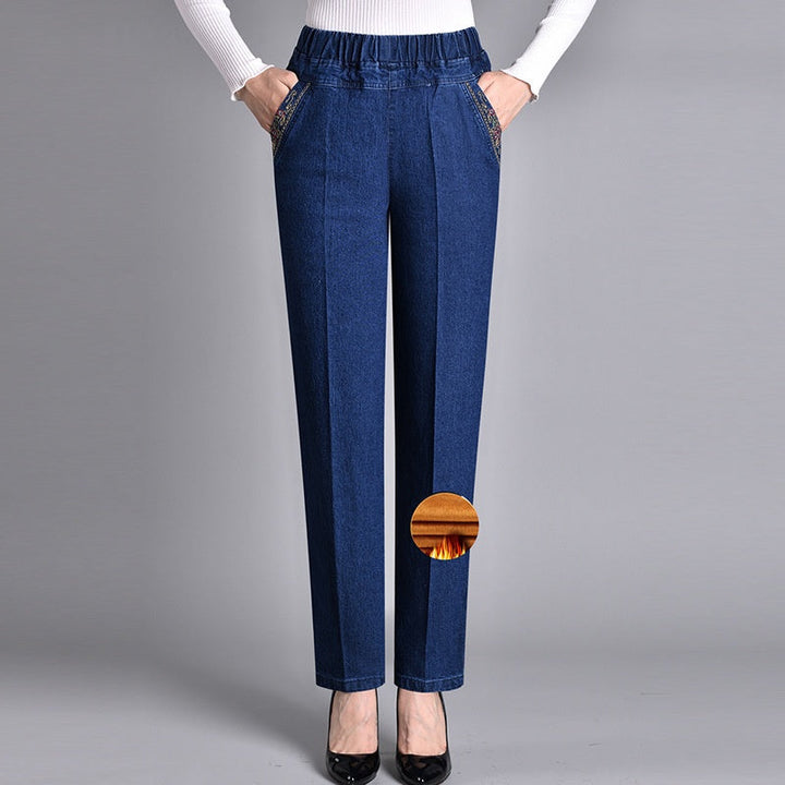 Woman showcasing flattering fit of Ella push-up straight leg jeans, stretch denim, perfect for casual wear.