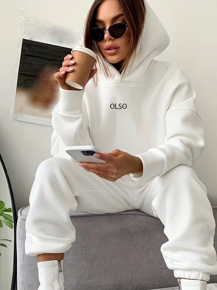Stylish women's Elvira two-piece set: letter print hooded sweatshirt and matching comfy, relaxed-fit pants.