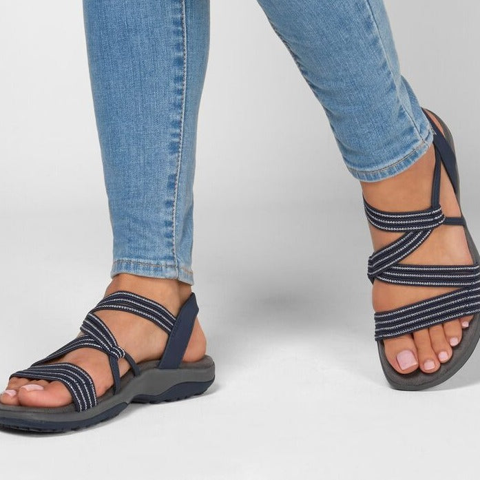 Close-up of Elvira women's orthopedic sandals, showing adjustable straps & soft footbed for arch support.
