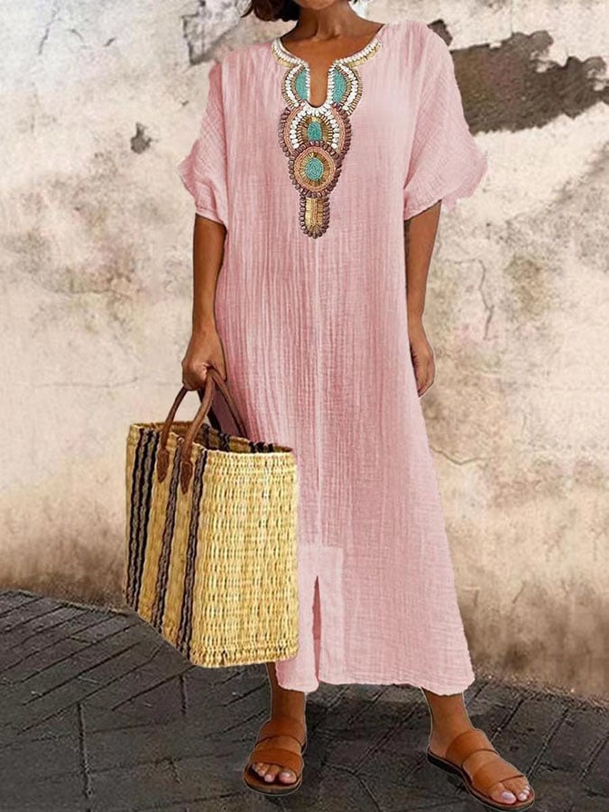 Relaxed fit embroidered kaftan maxi dress. Women's boho chic, flowy long dress for summer, beach wear, & holiday outfits.