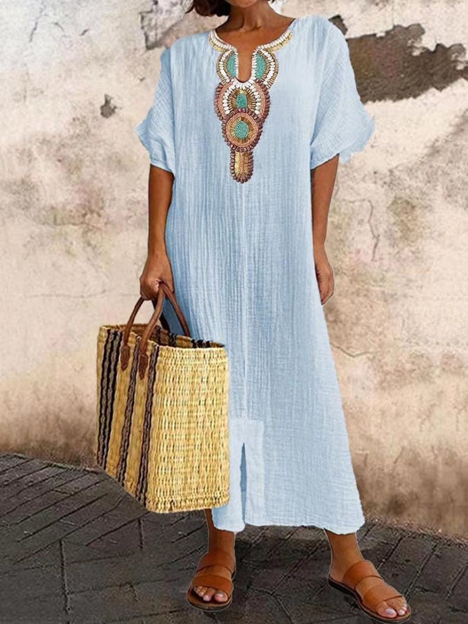 Embroidered kaftan maxi dress. Women's breezy summer, beach, & holiday style. Relaxed fit, long flowy dress.