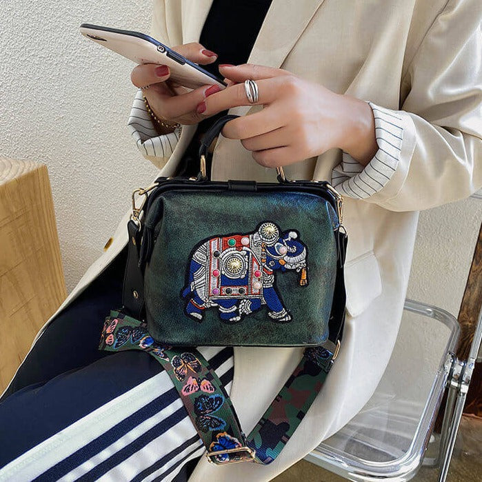 Front view of an embroidered mandala shoulder bag, showcasing its unique bohemian design and practicality