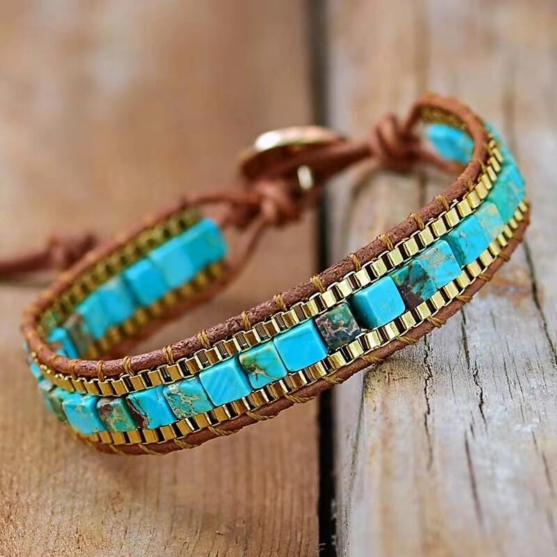 Women's Emperor Stone Turquoise Bracelet, featuring round blue-green beads, perfect for bohemian fashion.