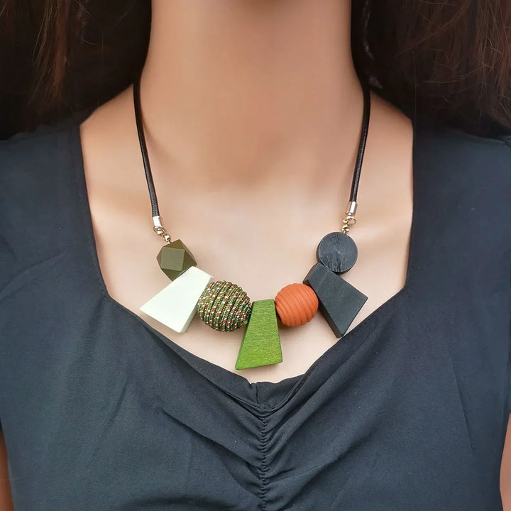 Women's Ethnic Geometric Wooden Bead Necklace. Handmade boho style accessory, natural wood jewelry.