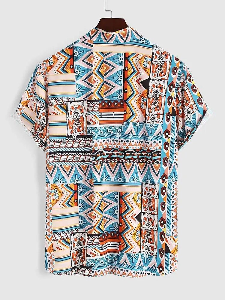 Multicolor ethnic print women's short sleeve summer shirt with a stylish chest pocket.