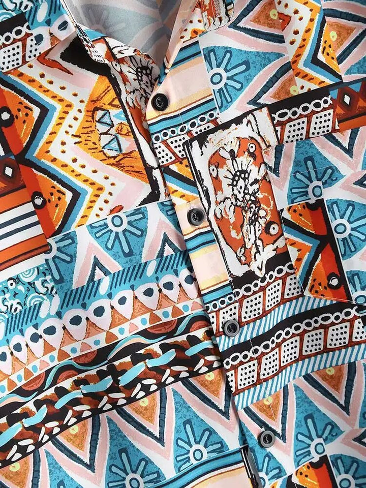 Vibrant Nova women's ethnic print top with short sleeves and a practical chest pocket.