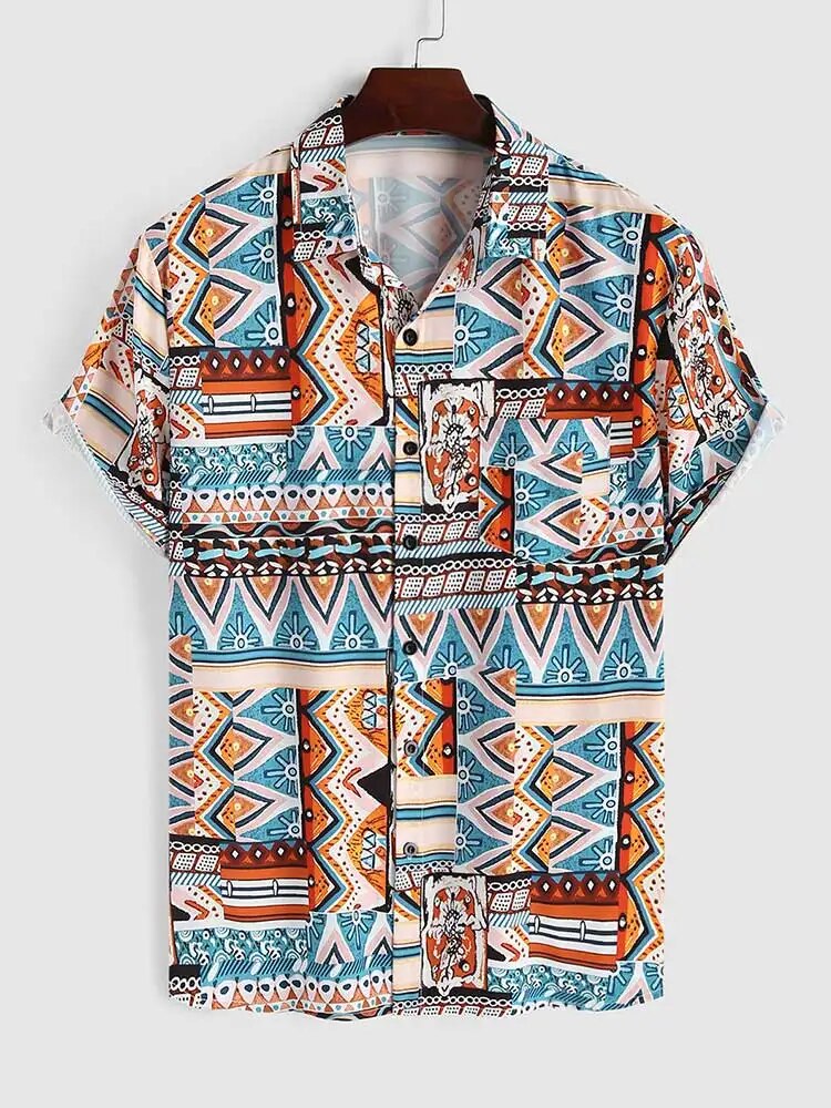 Breathable women's summer shirt, featuring a lively ethnic print, short sleeves & chest pocket.