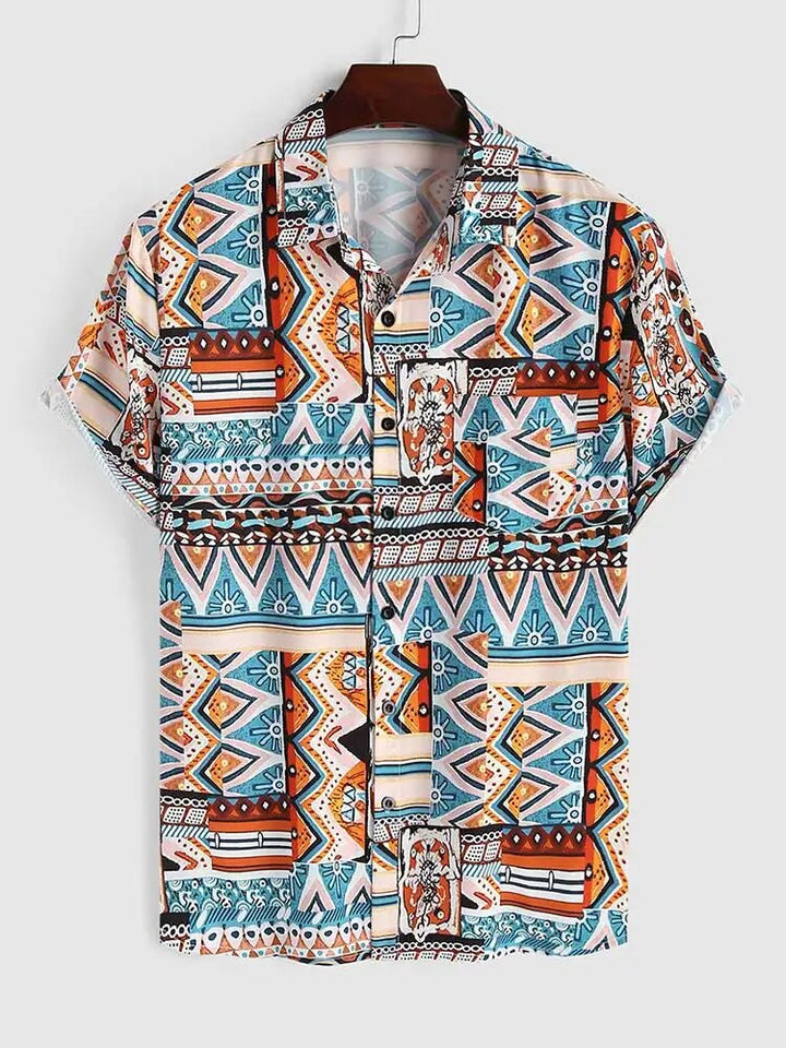 Breathable women's summer shirt, featuring a lively ethnic print, short sleeves & chest pocket.