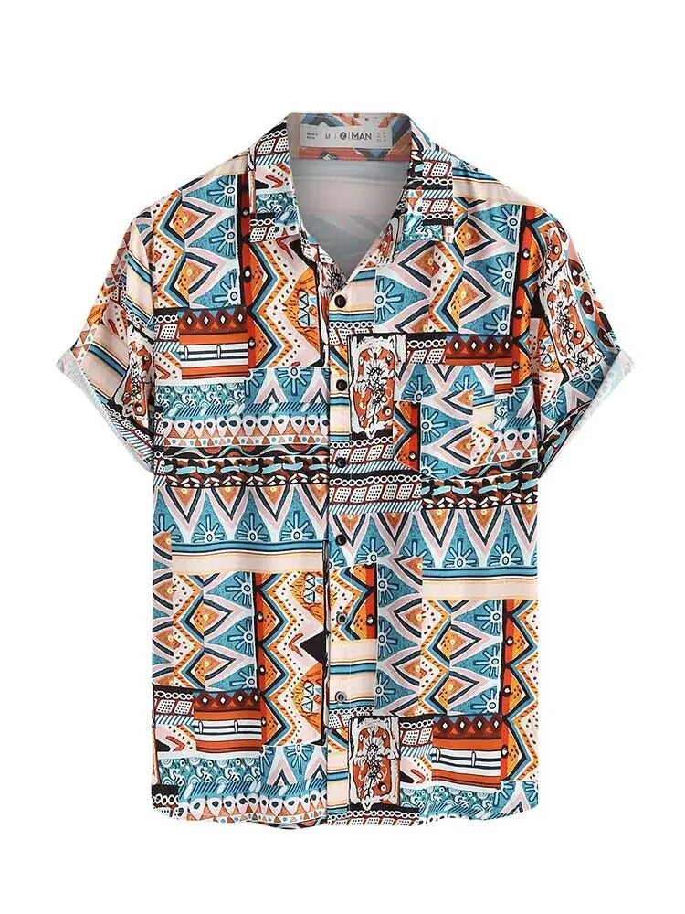 Trendy women's ethnic print short sleeve blouse with a chest pocket, great for warm weather.