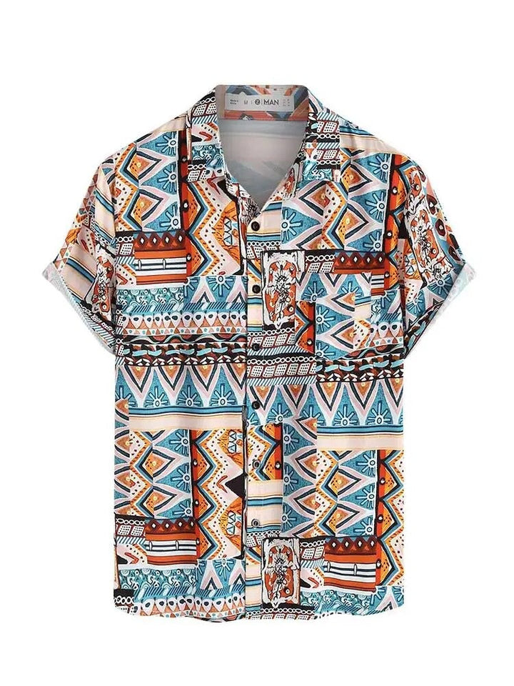 Trendy women's ethnic print short sleeve blouse with a chest pocket, great for warm weather.
