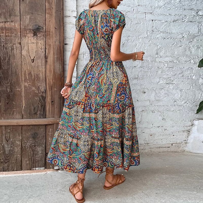 Women's Ethnic Print V-Neck Maxi Dress. Effortless, flowy summer style. Perfect casual vacation dress.