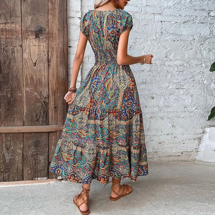 Women's Ethnic Print V-Neck Maxi Dress. Effortless, flowy summer style. Perfect casual vacation dress.