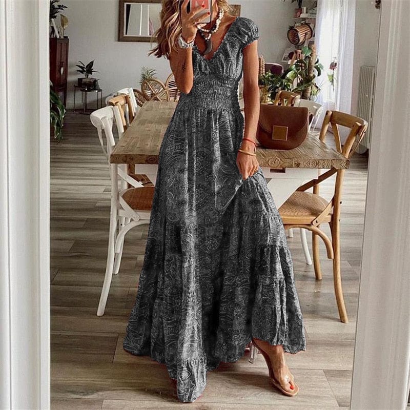 Versatile women's ethnic print V-neck maxi dress, ideal for vacation, parties, or everyday summer wear.