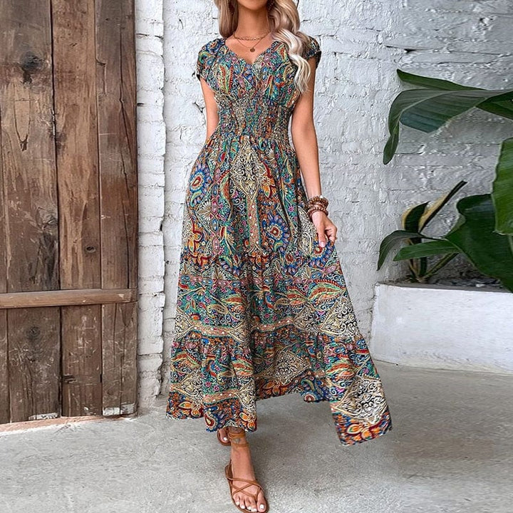 Boho V-neck long dress for women. Stylish ethnic print & comfortable flowy fabric. Perfect for summer.