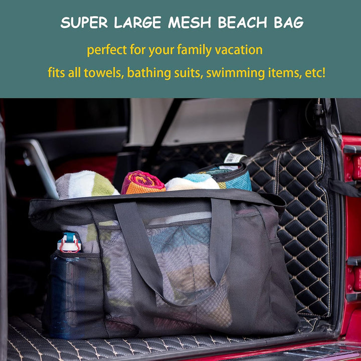 Sandproof mesh beach tote for women. Large family carryall, perfect for beach days, pools, and travel without sand.